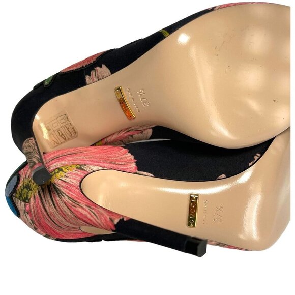 GUCCI Ophelia Embroidered Flower Heels Size 37.5 Cloth EUC Floral - Picture 7 of 12